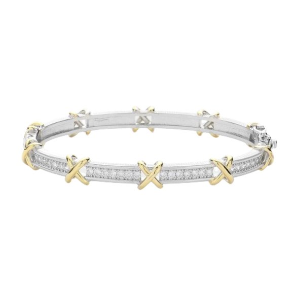 CZ Stone Paved Two Tone Crisscross Bangle Women Bracelet Jewelry - Picture 1 of 2